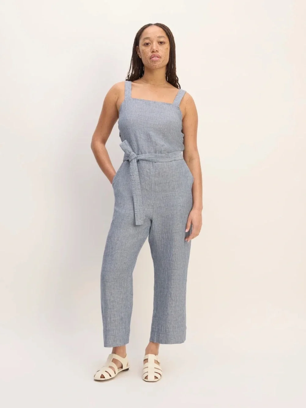 Everlane The Linen Side-Button Jumpsuit - Blue White Stripe - 00